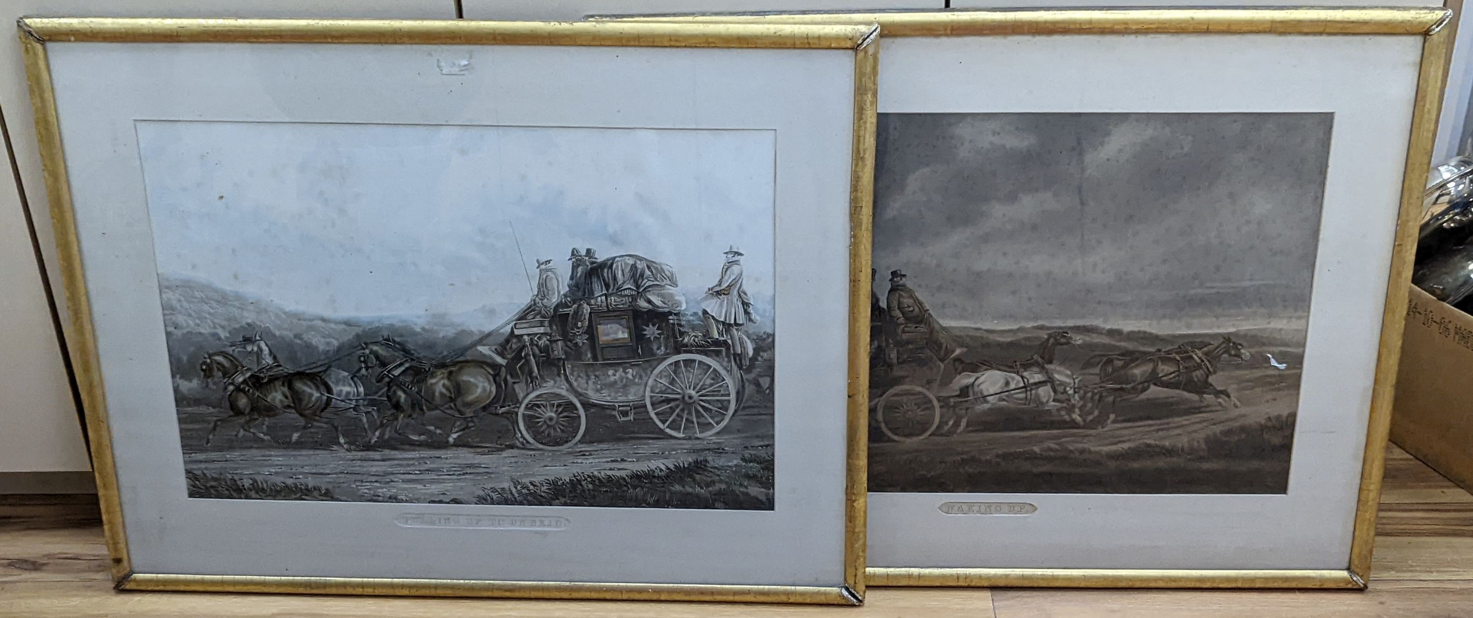 19th century English School, pair of coloured aquatints, Coaching scenes: 'Pulling up to un-skid' and 'Waking Up', 44 x 67cm